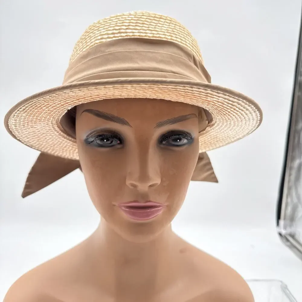 Vintage Sally Victor Headlines Women’s Straw Hat – Brown & Cream with Ribbon Bow